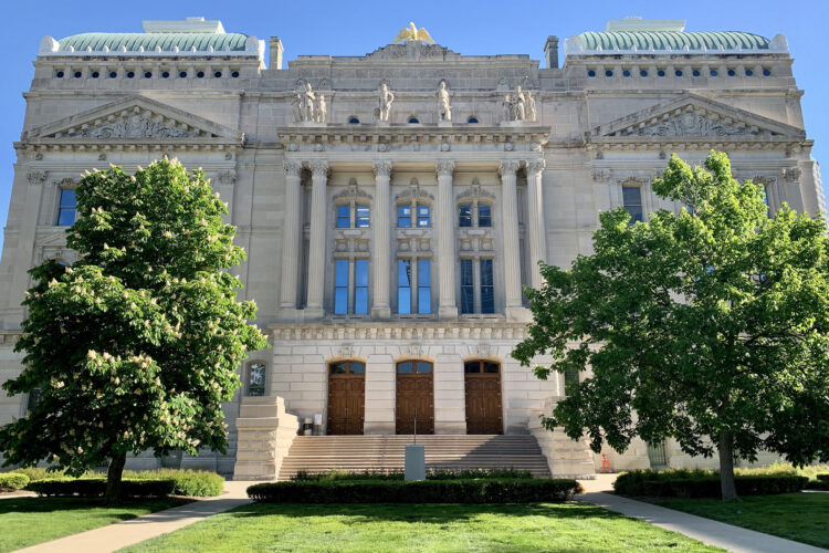 The Indiana Statehouse, with its dome out of view.