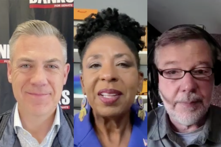 Three still images from Zoom interviews. Jim Banks is a White man with gray hair. He is wearing a gray vest over a white shirt. Valerie McCray is a Black woman with black hair. He is wearing a blue jacket. Andrew Horning is a White man with dark, graying hair and gray beard. He is wearing glasses and a gray shirt.