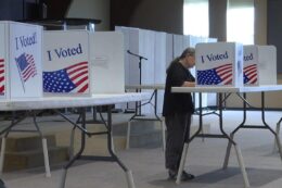 A woman stands at a table and fills out a voting ballot behind cardboard blinders