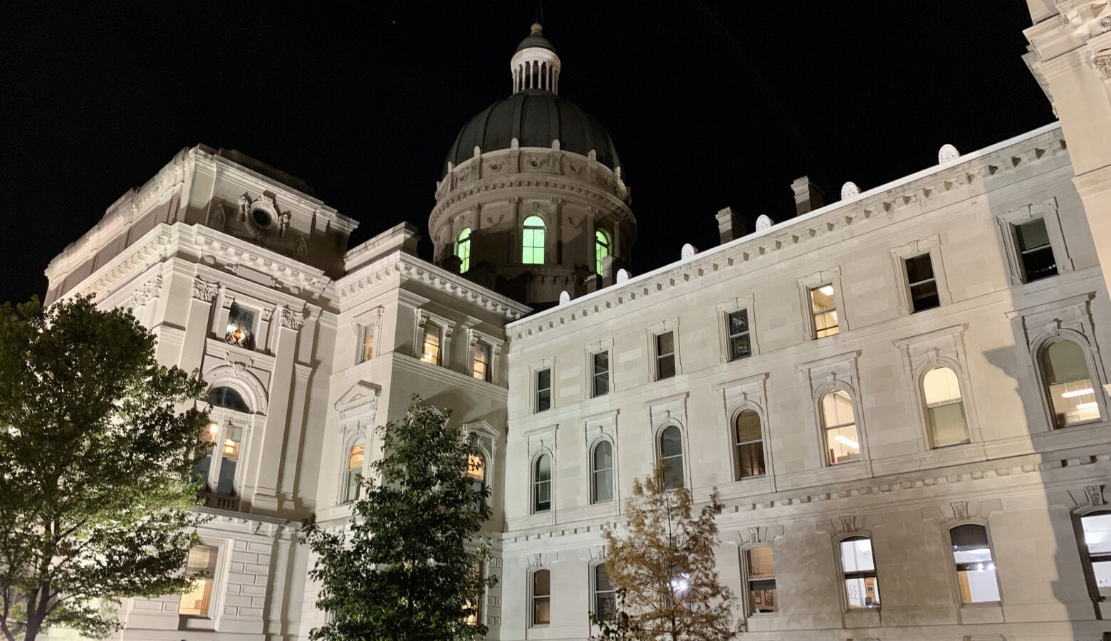 The Indiana Statehouse at night.