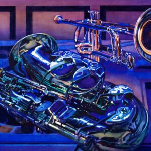 A saxophone and trumpet lay on a table with a dark blue light shining on them.