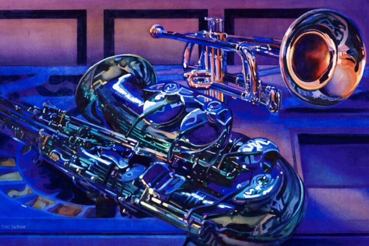 A saxophone and trumpet lay on a table with a dark blue light shining on them.