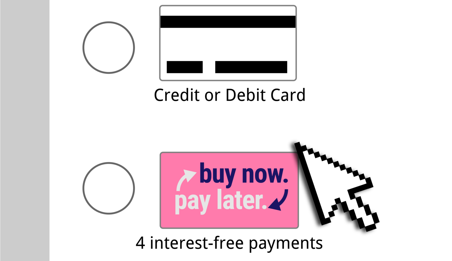 An illustration of a fake online shopping cart. There are two options: credit or debit card or buy now, pay later. An illustrated mouse arrow hovers over the buy now, pay later logo with a shadow cast underneath it.