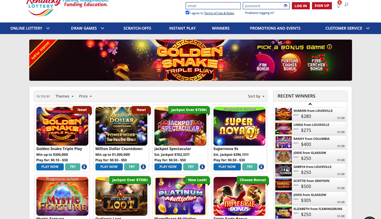 A screenshot of the Kentucky lottery online games page.