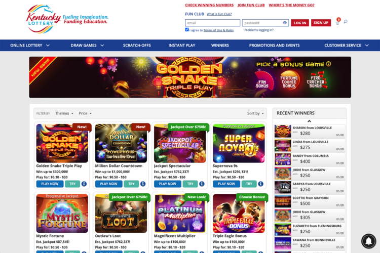 A screenshot of the Kentucky lottery online games page.