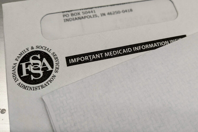 An envelope with a black Indiana Family and Social Services Administration logo on it reads, "Important Medicaid Information Inside."