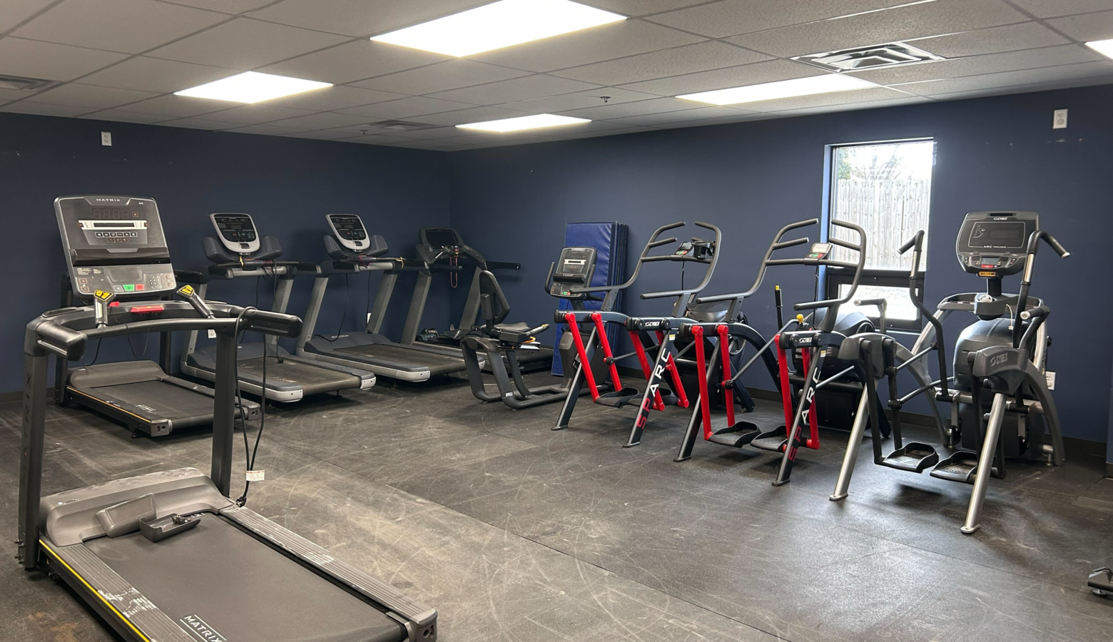 Treadmills, ellipticals and other workout machines sit in a room lined up next to each other.