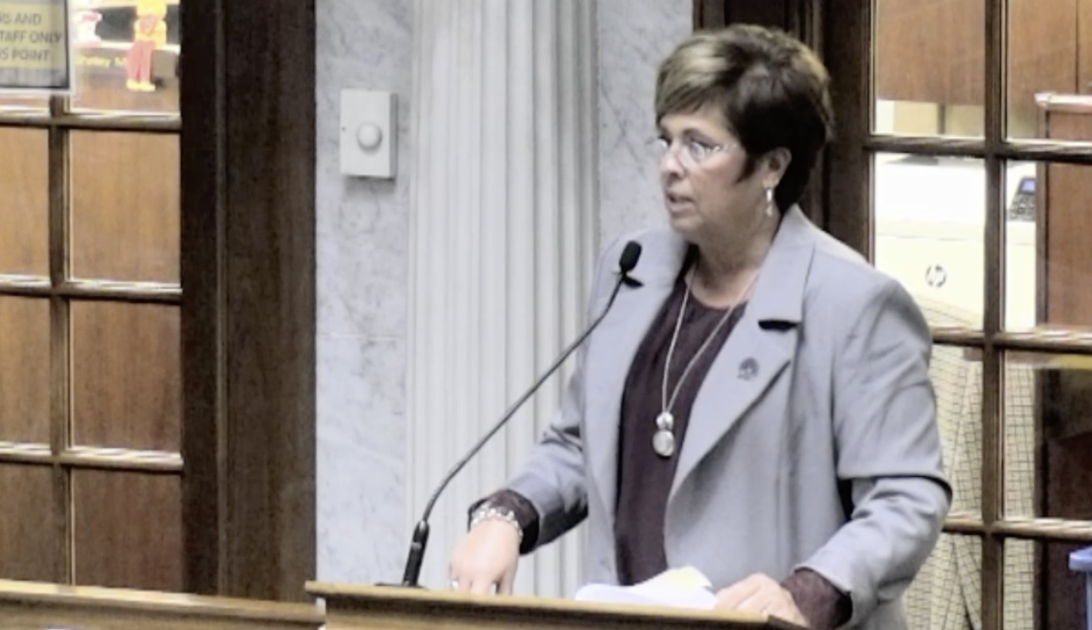 Stacey Donato stands at a podium in the Indiana Senate. Donato is a White woman. She has short, straight brown hair and wears a purple-ish suit with glasses.