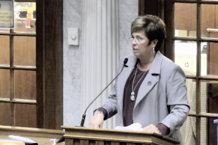 Stacey Donato stands at a podium in the Indiana Senate. Donato is a White woman. She has short, straight brown hair and wears a purple-ish suit with glasses.