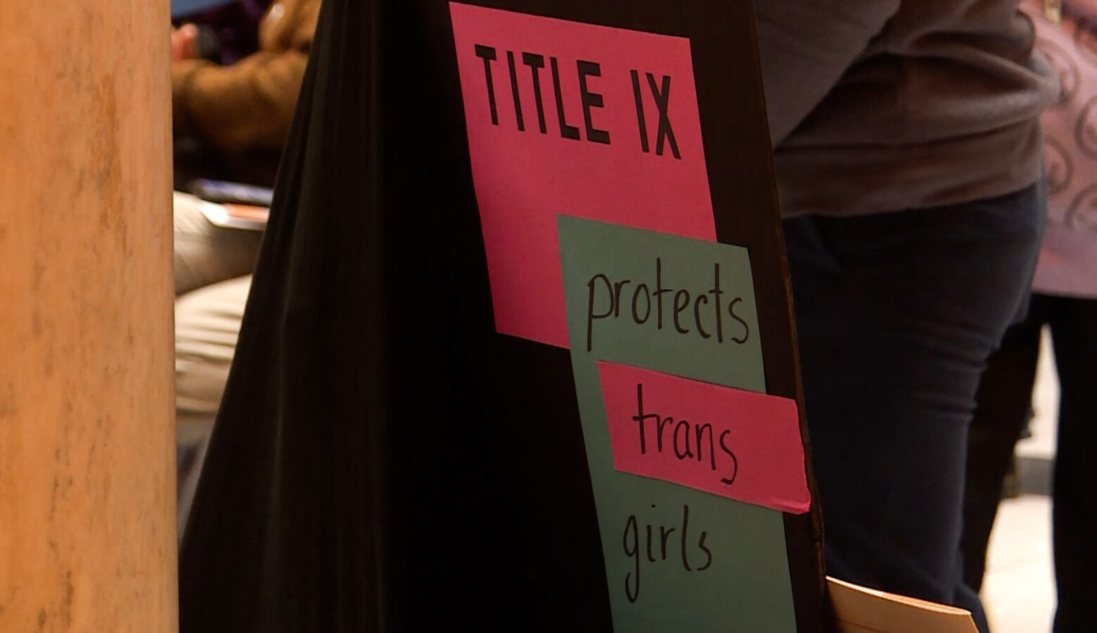 A poster board at a protest reads "Title 9 protects trans girls."