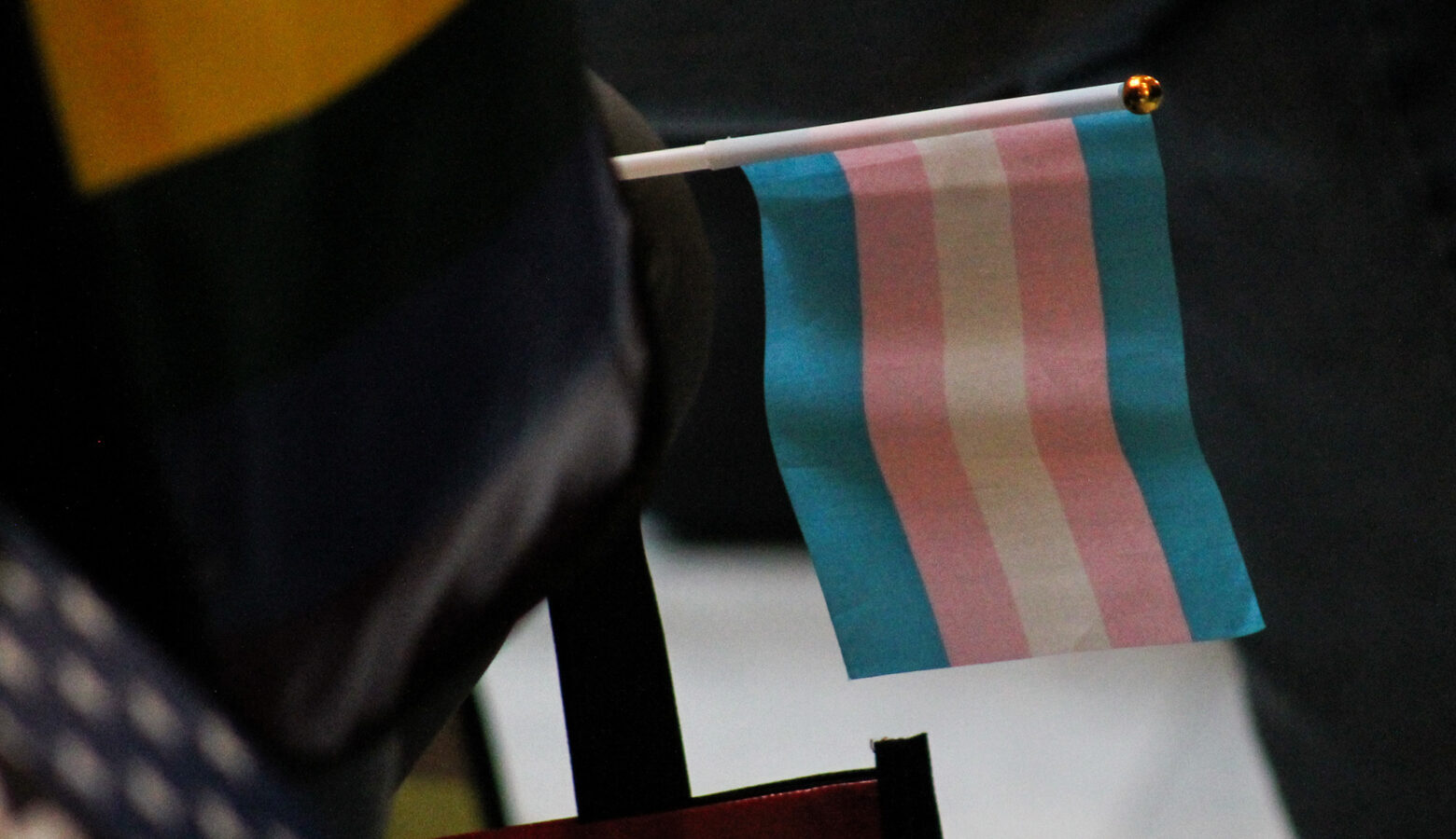 A small, desktop-sized transgender pride flag is wedged into a chair during a protest at the Statehouse.