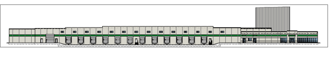 A computer rendering of a white building with multiple loading docks and a green line around it