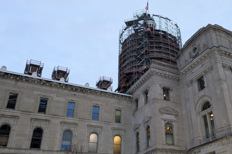 The Indiana Statehouse as seen from its western entrance in the evening.