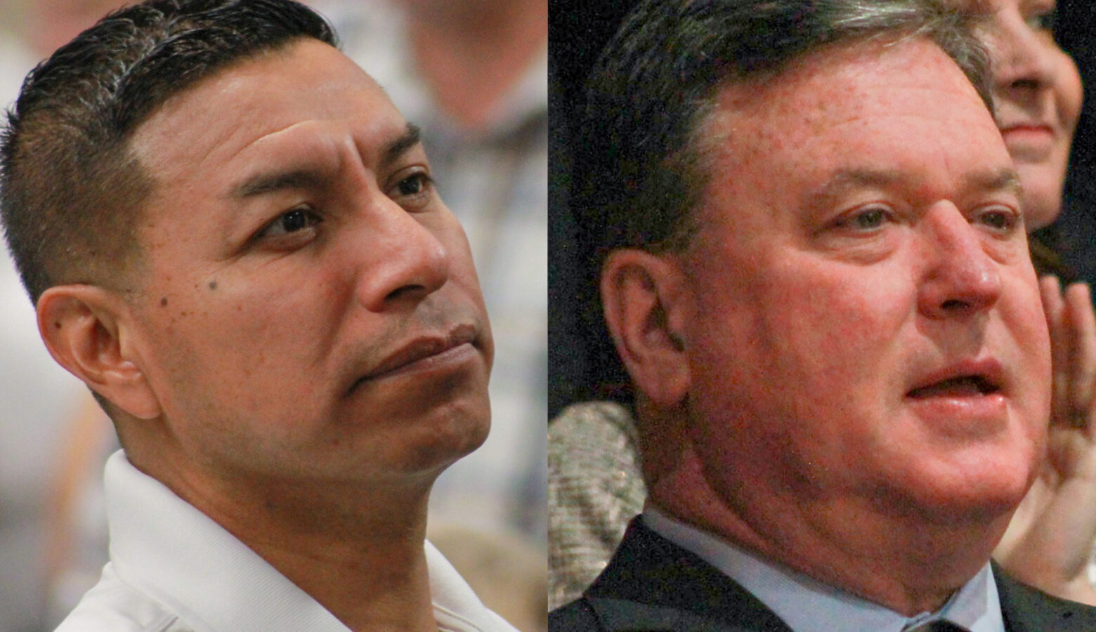 Diego Morales and Todd Rokita are each shown in separate images, put side by side. Morales is a Latino man with black hair. He is wearing a white polo shirt. Rokita is a White man with dark, graying hair. He is wearing a black suit, light blue shirt and red tie.