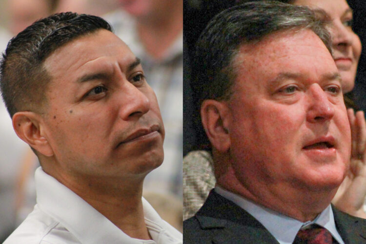 Diego Morales and Todd Rokita are each shown in separate images, put side by side. Morales is a Latino man with black hair. He is wearing a white polo shirt. Rokita is a White man with dark, graying hair. He is wearing a black suit, light blue shirt and red tie.