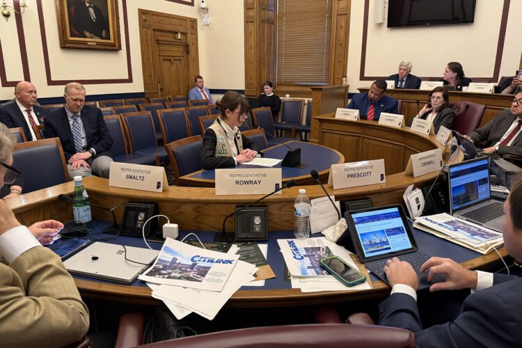 Vera McConnell sits at a table in the House Ways and Means Committee. The desks of lawmakers surround the table in half moons, radiating out from the person testifying. McConnell wears a Girl Scout vest — tan, to show they are a Senior Girl Scout, and decorated with badges, patches and pins.