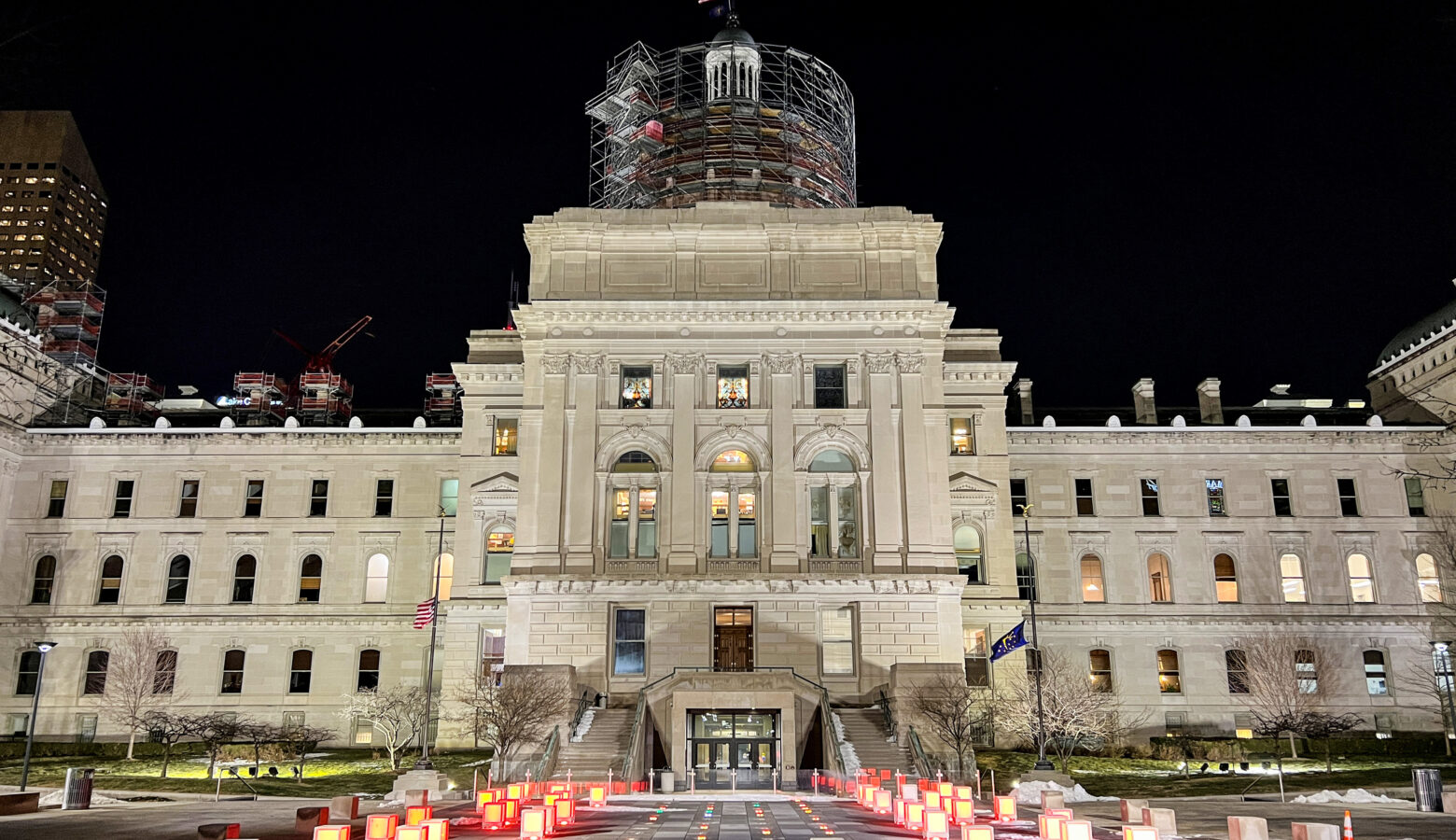 The western exterior of the Indiana Statehouse, at night.