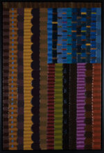 An abstract painting with vertical rows of rounded, brick-like shapes in various bold colors including browns, blues, reds, purples, and golds, arranged in a grid-like pattern with textured brushstrokes.