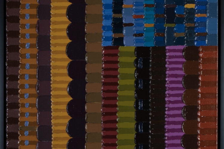 An abstract painting with vertical rows of rounded, brick-like shapes in various bold colors including browns, blues, reds, purples, and golds, arranged in a grid-like pattern with textured brushstrokes.