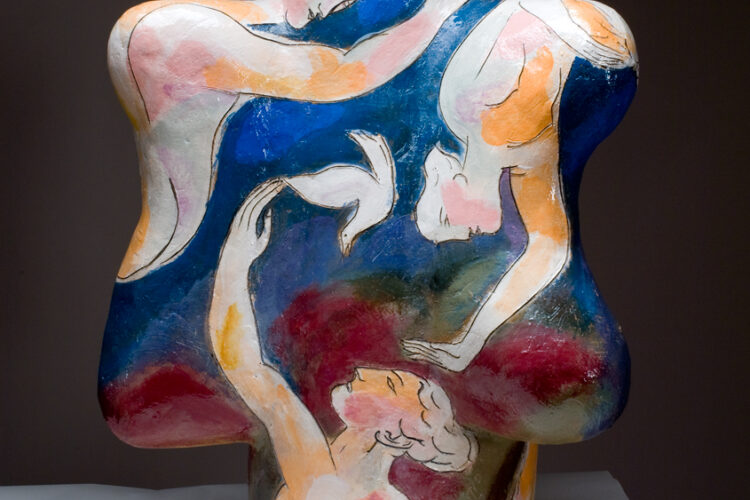 Sculptural ceramic vessel with abstract, rounded form featuring painted figures in soft pastel colors. The artwork depicts three human forms and a bird set against a vibrant blue, red, and purple background, creating a sense of fluid motion and interconnectedness.
