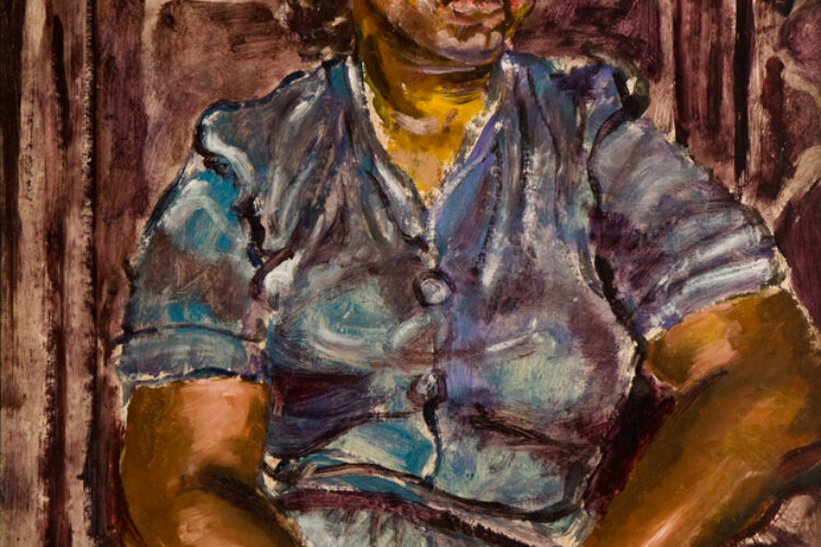 A painting of an African American woman seated in a carved wooden chair, wearing a vibrant blue dress. Her hands are folded in her lap, and she wears a red bracelet that matches the red on her lips and fingernails. The background is dark, made up of browns and blacks, emphasizing her glowing skin and the bright colors of her clothing and accessories. Painterly brushstrokes are visible throughout.