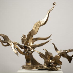 Bronze sculpture Daphne’s Defense by Richard Hunt, featuring a tree-like abstract form with hand-scribed textures, resting on an irregular bronze base and glowing with natural light.