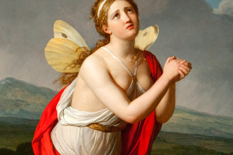 Sculpture of Psyche seated on a rock, nude and slumped in despair, with her head turned and one hand resting on her chest—representing heartbreak after Cupid’s departure.