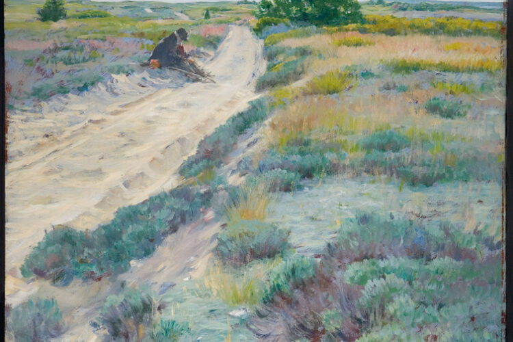 A man sits resting beside a sandy path that winds through a soft, pastel-colored landscape of grasses and shrubs under a wide, pale blue sky.