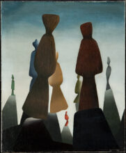 Surrealist painting by Stella Snead titled Advancing Monuments (1946), depicting tall, abstracted rock-like figures in earthy tones standing on geometric pedestals against a hazy blue and beige sky.