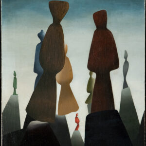 Surrealist painting by Stella Snead titled Advancing Monuments (1946), depicting tall, abstracted rock-like figures in earthy tones standing on geometric pedestals against a hazy blue and beige sky.
