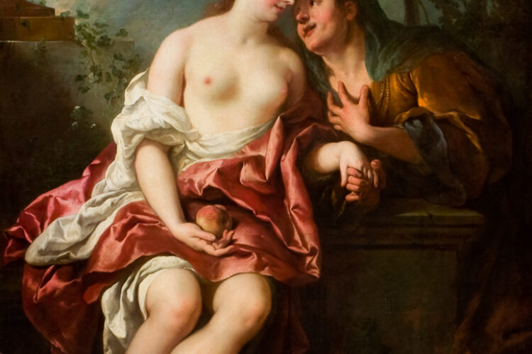A Rococo painting of a partially nude woman seated in an orchard, holding a peach, with an older woman in gold and teal robes leaning toward her. A basket of fruit sits below them.