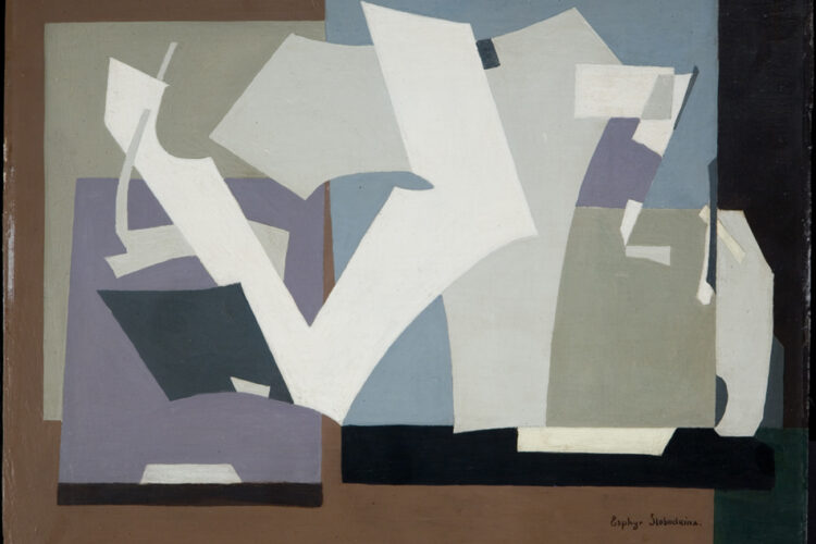 Esphyr Slobodkina’s abstract oil painting Winter (1943), featuring layered angular shapes in muted tones of blue, gray, green, and brown on a masonite panel.