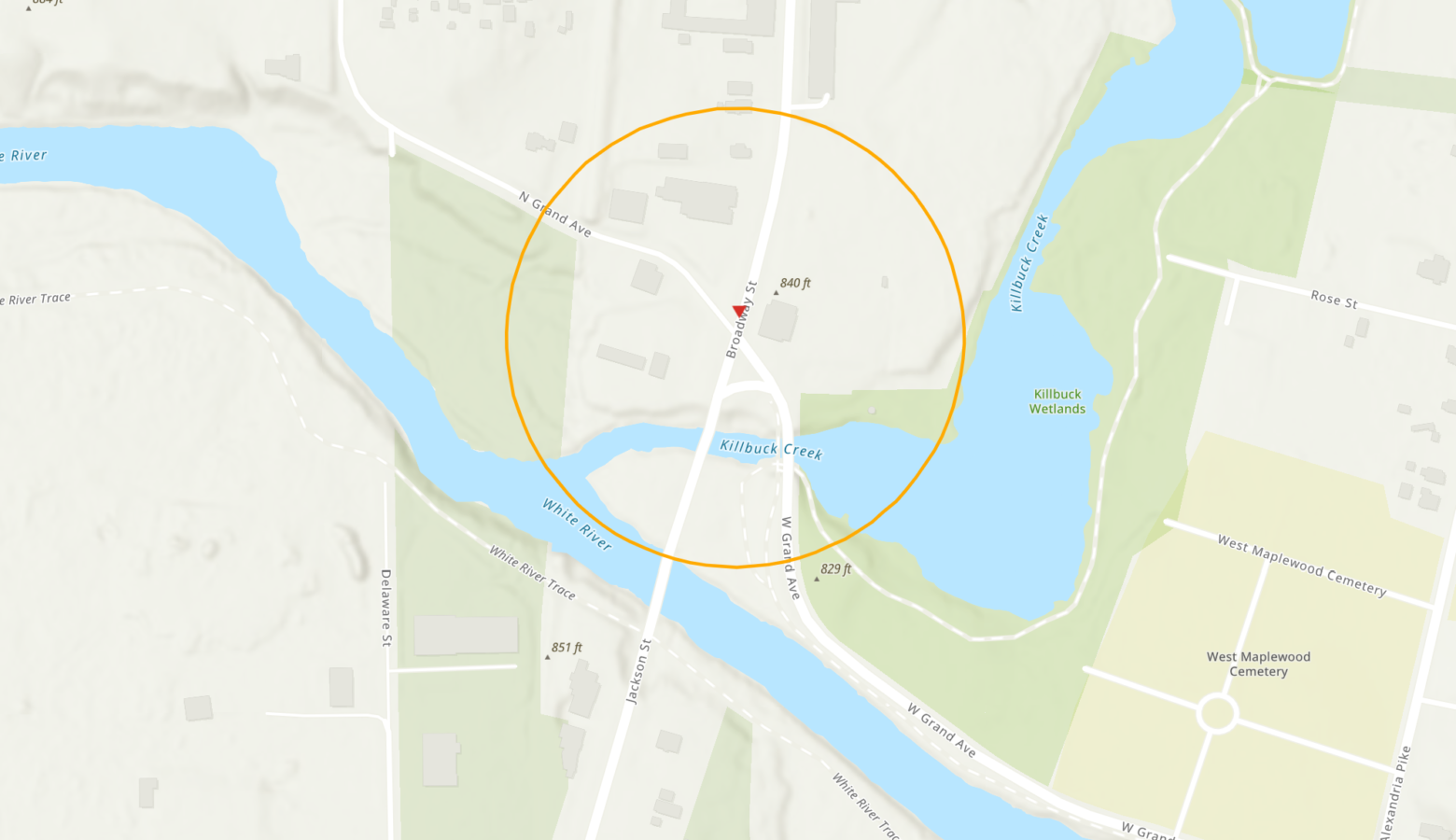 A map of Anderson in greens and blues with the Superfund site circled in orange.