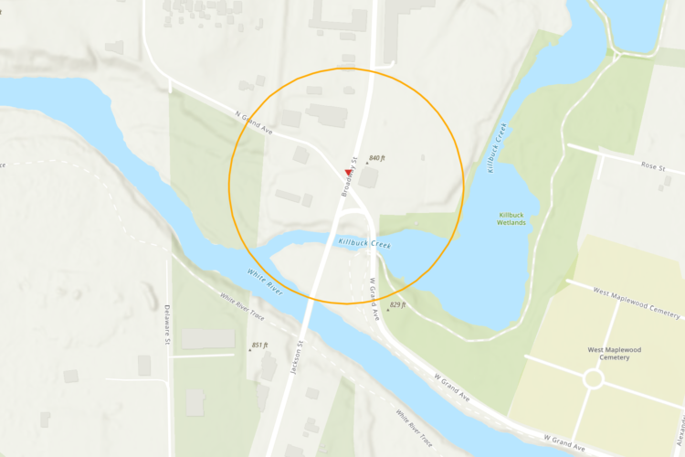 A map of Anderson in greens and blues with the Superfund site circled in orange.