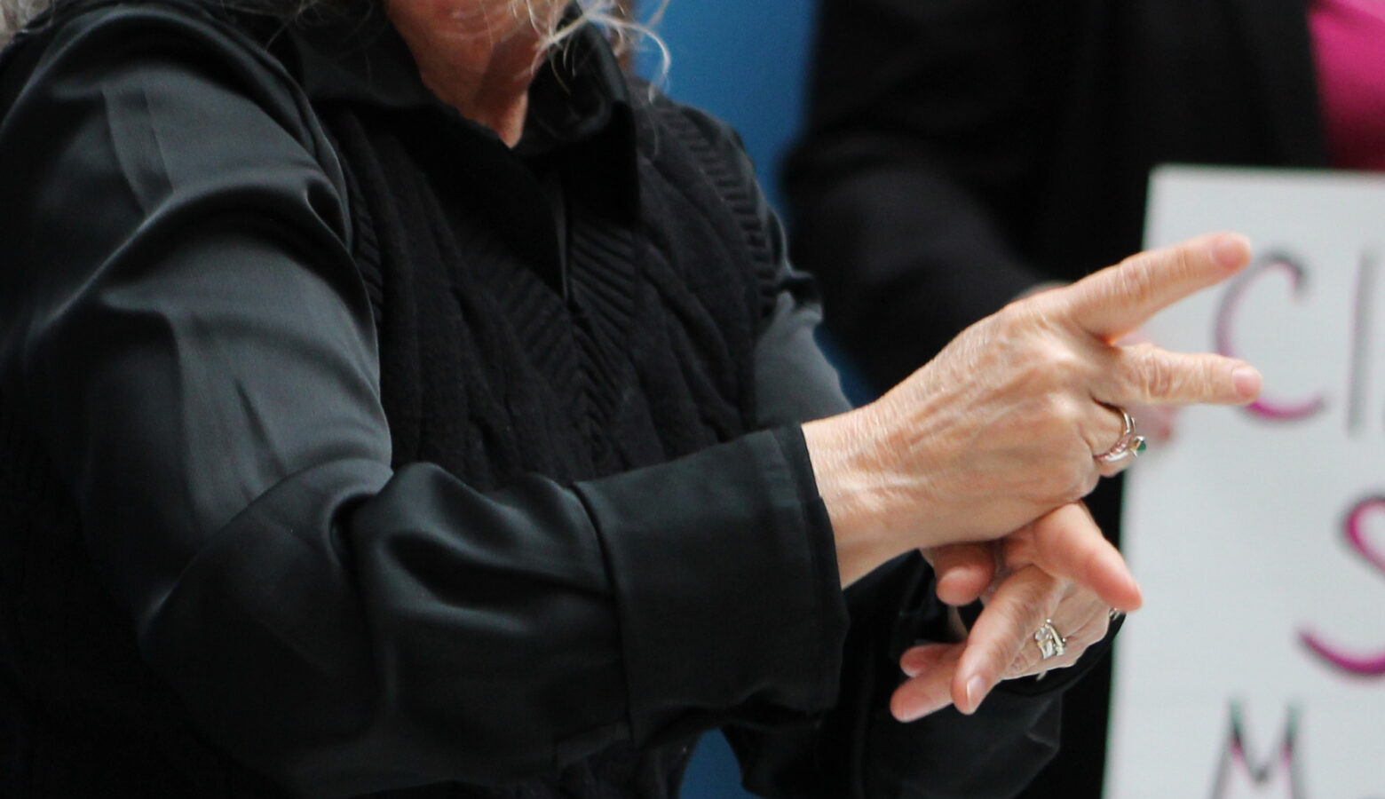 An ASL interpreter signing at a rally at the Statehouse.