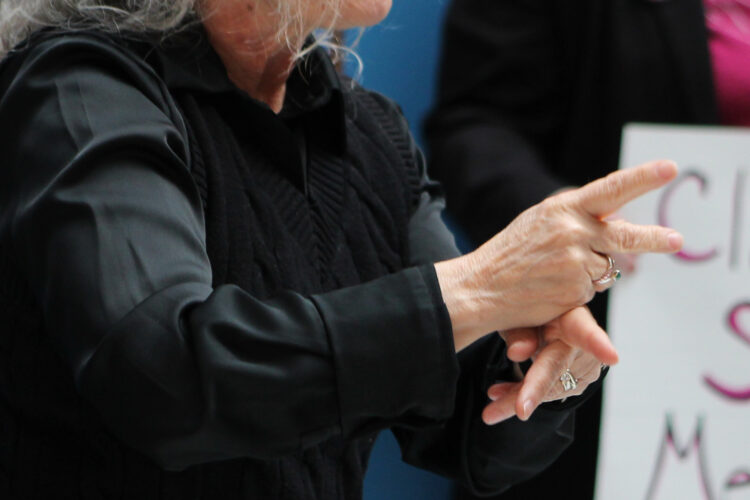 An ASL interpreter signing at a rally at the Statehouse.