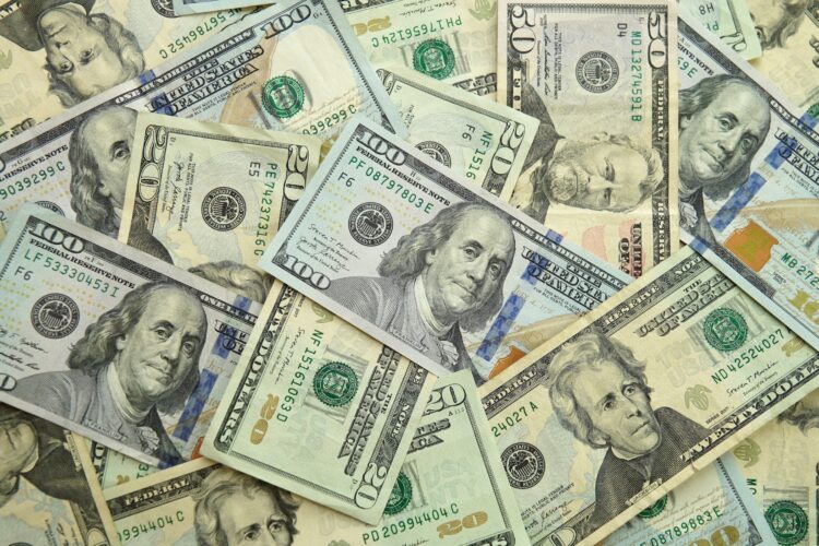 Various denominations of paper money are laid out in a pile.