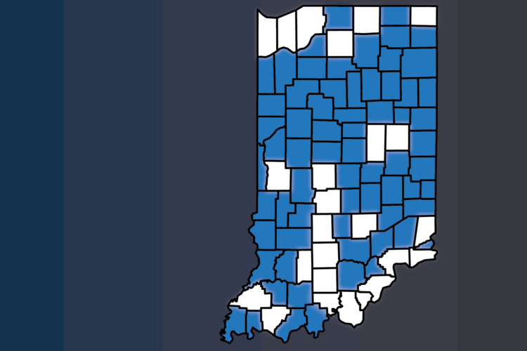 A map of Indiana counties, with some colored blue and others colored white.