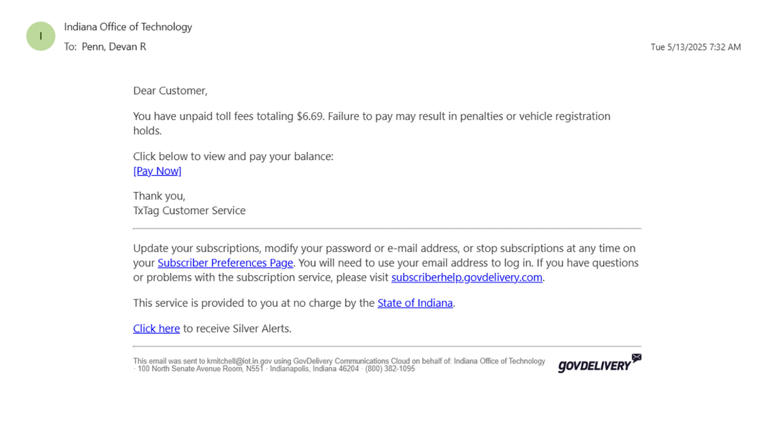 A screenshot of a phishing email that appears to be from the Indiana Office of Technology. It says that the recipient has toll fees from Texas.