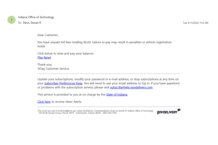 A screenshot of a phishing email that appears to be from the Indiana Office of Technology. It says that the recipient has toll fees from Texas.