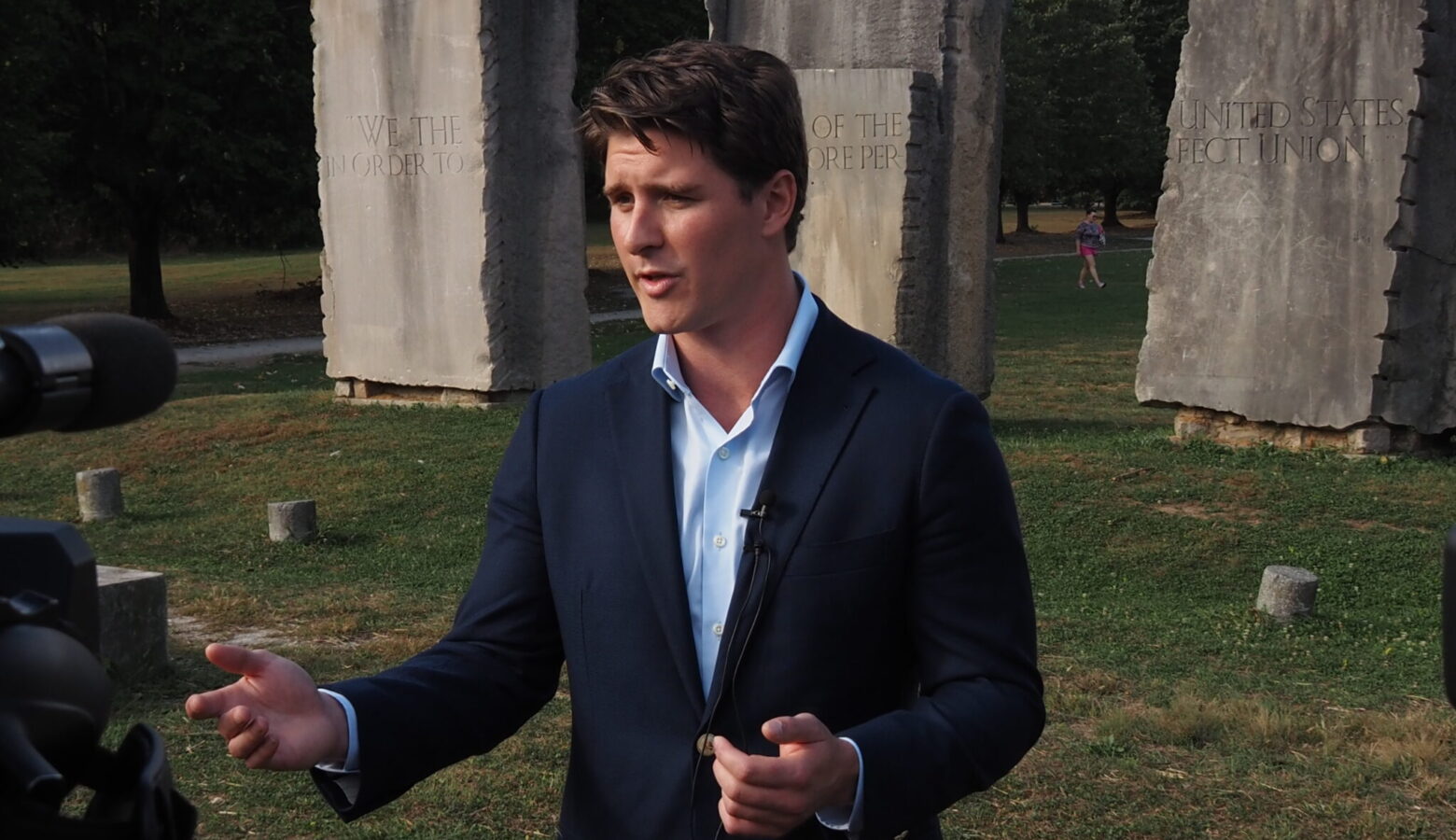Beau Bayh meets with the media at Holliday Park in Indianapolis.