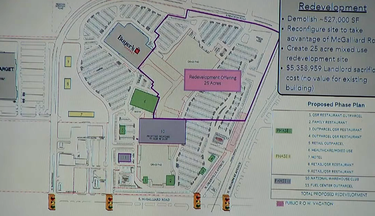 An architectural site plan shows the current mall building, with boxes to show demolition plans.