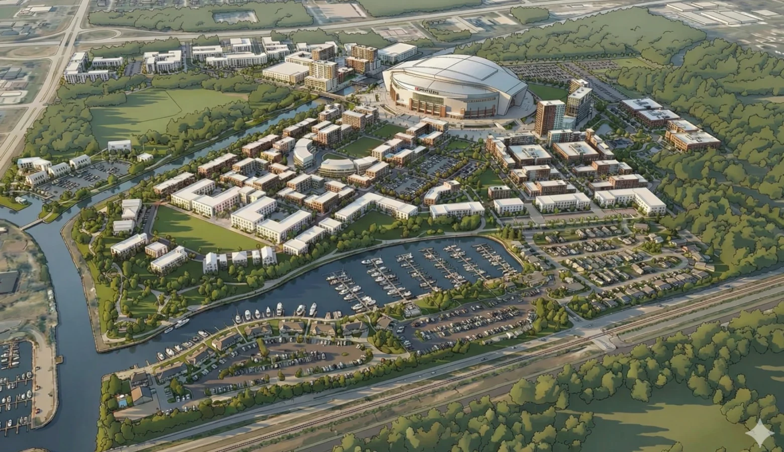A rendering shows a stadium complex from the sky. The stadium is round and sits in between residential buildings.