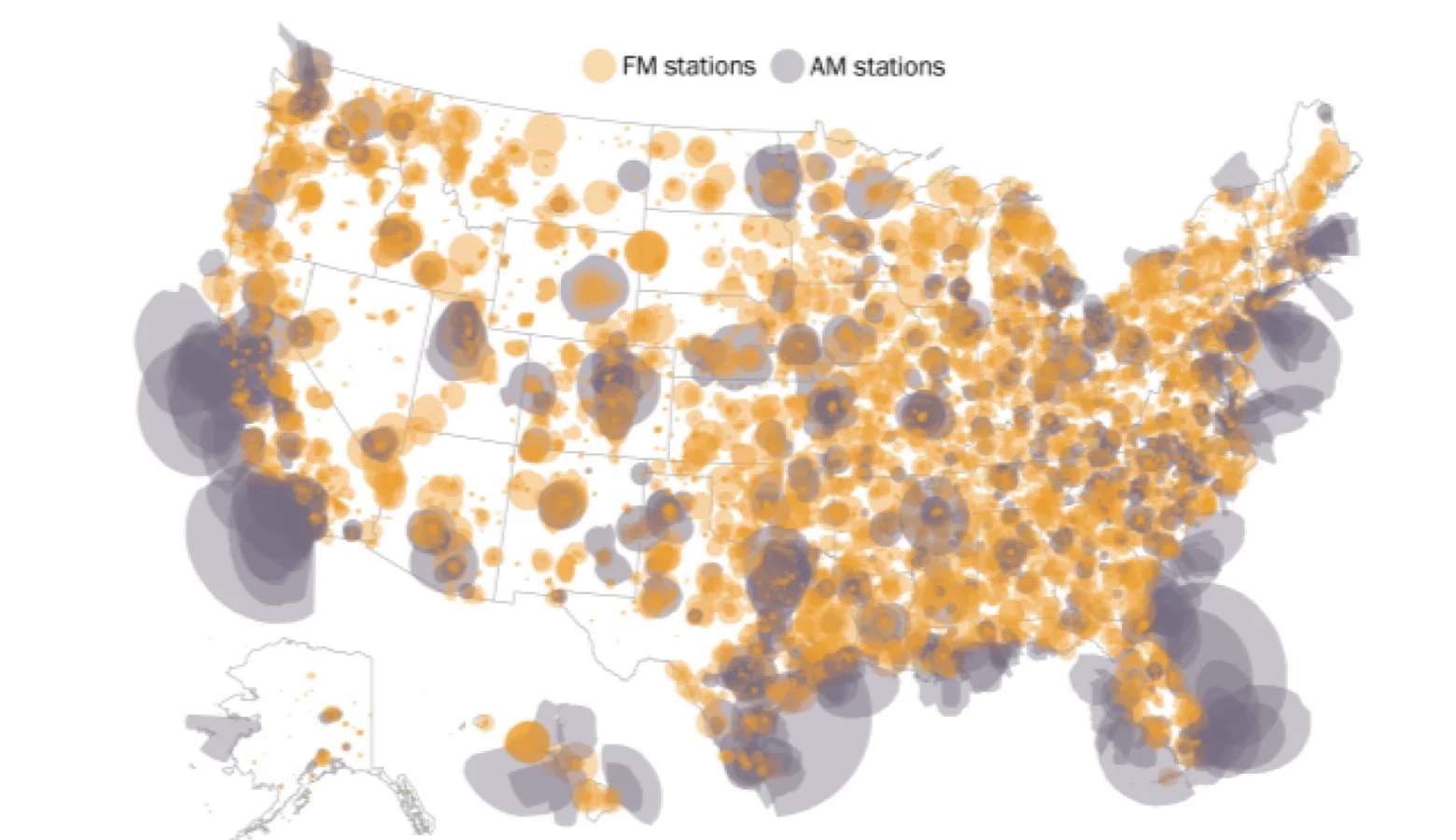 A map of the US has many yellow dots that show the locations and ranges of religious radio stations throughout the U.S.