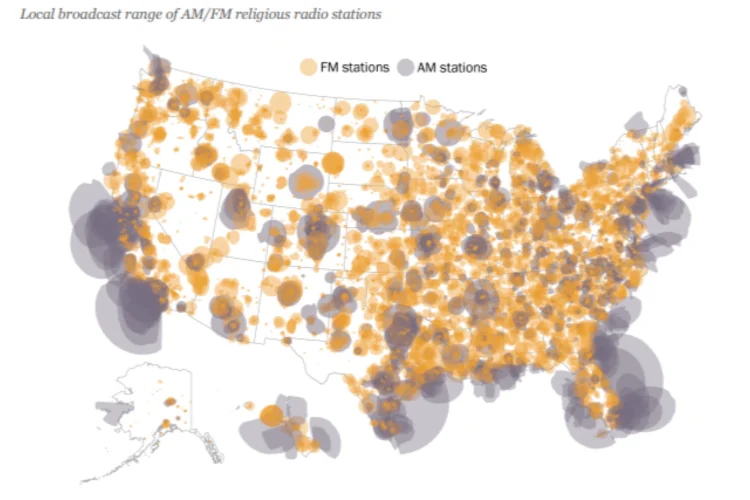 A map of the US has many yellow dots that show the locations and ranges of religious radio stations throughout the U.S.