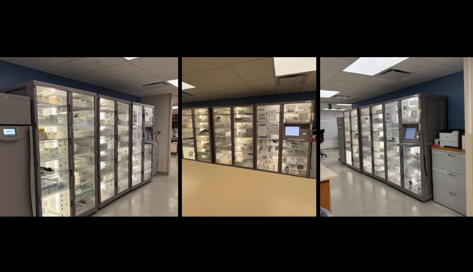 A series of photos show the hospital's pharmacy security safe at different times in the year. The safe is a large metal cabinet with several glass doors on the front.