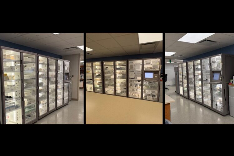 A series of photos show the hospital's pharmacy security safe at different times in the year. The safe is a large metal cabinet with several glass doors on the front.