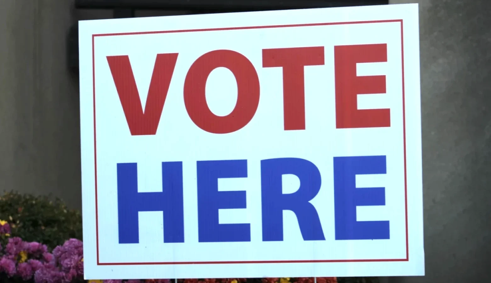 A white sign reads Vote Here in red and blue letters.