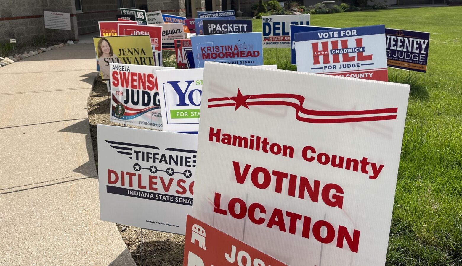 Signs outside an early voting location in Noblesville, Indiana.