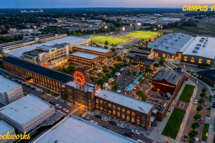 AN aerial view of the Clockworks facility that appears to occupy more than a city block. It is a series of buildings with large courtyards of green space and two sporting fields in the distance. The front entrance of the building, at the bottom of the photo frame, shows an orange neon clock reading 8:20.